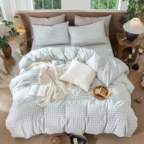 MooMee Gingham Duvet Cover Set 100% Washed Cotton Linen Like