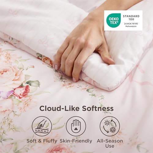 Bedsure Pink Floral Comforter Twin Size, Soft Breathable Fall Bedding 2 Pcs
