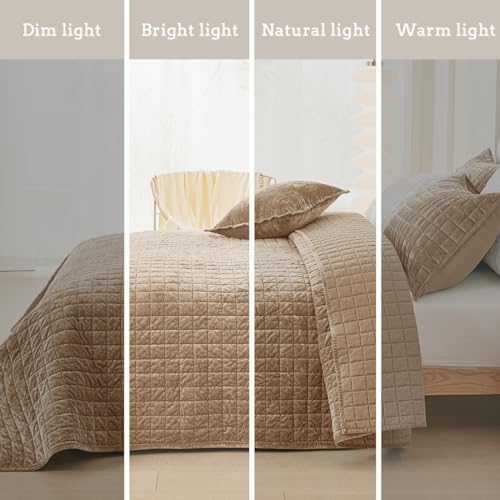 Quilt Set California King Size 106x118 Luxurious Velvet Bedding Sets with 2 Pillow Shams 20x36 3 Pieces Ultra Soft Quilted Bedspread Coverlet Comforter for All Season,Brown
