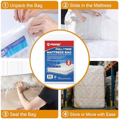 2 PK Twin/Full Mattress Bags for Moving Storage,Waterproof Plastic Full Size Mattress Cover for Moving,Clear Plastic Mattress Protector