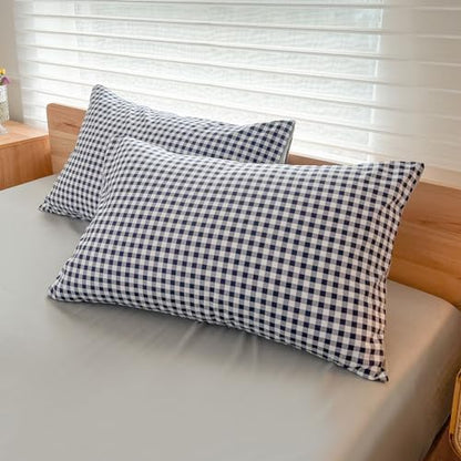 NSNLGSGC Navy Gingham Duvet Cover Set, Queen, Dark Blue Grid
