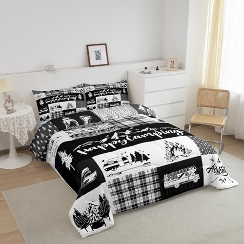 Castle Fairy Camper Patchwork Comforter Set King Size,RV Happy Camping Hunting Adventure Bedding Set All Season Quilt Set,Travel Trailers Decor Boho Aztec Exotic Microfiber Polyester Down Comforter