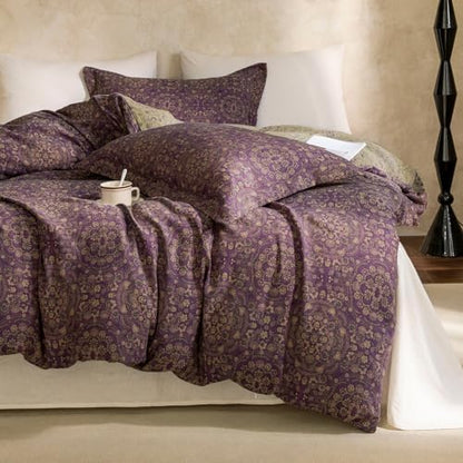 VM VOUGEMARKET Full Duvet Cover Set Purple Green Floral Pattern,3 Pieces Reversible Boho Medallion Jacquard Flower Bedding Set,Linen Cotton Yarn-Dyed Textured Duvet Cover with Zipper Closure