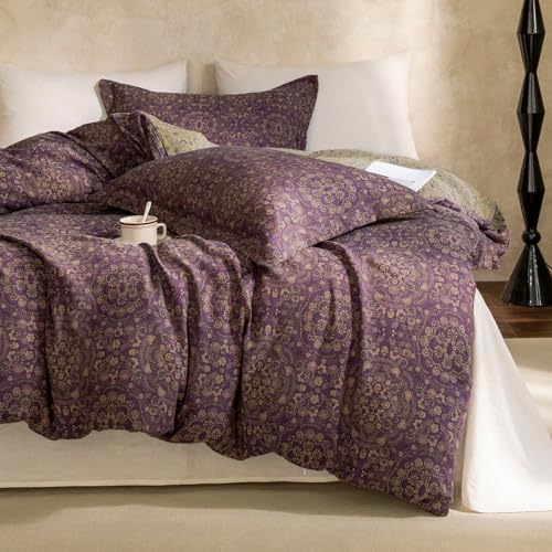 VM VOUGEMARKET Purple Flower Duvet Cover Set King,Yarn-Dyed Cotton Jacquard Textured Boho Medallion Bedding Set,Retro Reversible Green Floral Duvet Cover with Zipper Ties