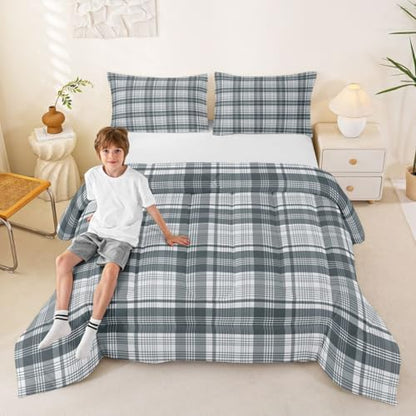 Manfei Blue Grey Plaid Comforter Set Full Size,Geometric Line Grid Bedding Set 3pcs,Classic Homestead-Style Down Comforter for All Season,Kids Boys Girls Room Decor,2 Pillowcases,No Sheets