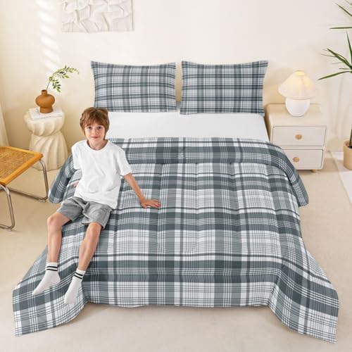 Manfei Blue Grey Plaid Comforter Set Queen Size,Geometric Line Grid Bedding Set 3pcs,Classic Homestead-Style Down Comforter for All Season,Kids Boys Girls Room Decor,2 Pillowcases,No Sheets
