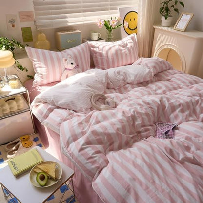 LifeTB Peach Pink Striped Comforter Set King, 3 Piece Vintage Stripes Pattern Printed Bedding Set, Breathable Soft Farmhouse Striped Bedding Comforter King, Cozy Lightweight Pink Comforter Set