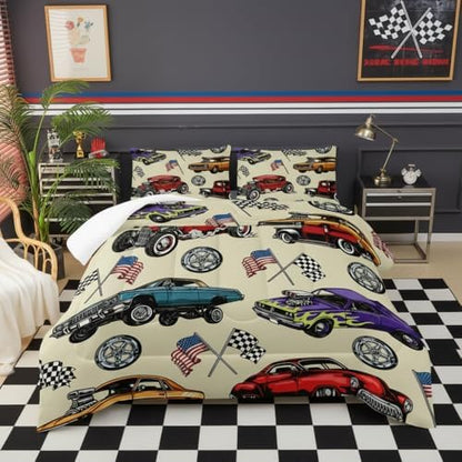 Race Car Comforter Set King for Boys，Race Car King Size Vintage Bedding Set Boys，American Flag Comforter Set King Size，Cars Themed Bedroom Decor