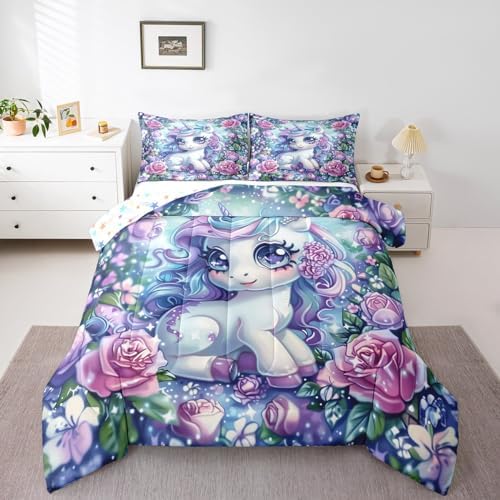 Castle Fairy Unicorn Bedding Comforter Set Twin Size Cute Cartoon Unicorn Comforter and 1 Pillowcase for Kids Girls Girly Room Decor Pink Rose Flower All Season Quilt Duvet Reversible,Colorful Purple