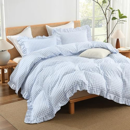 Andency Blue Gingham Duvet Cover King, Ruffle Shabby Chic Bedding Set 3 Pcs
