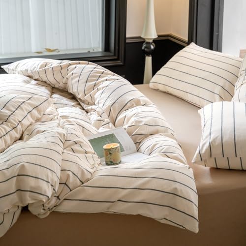 LifeTB Striped Comforter Set King Size Grey Stripes Pattern Printed Comforter 3 Pieces Lightweight Boho Bedding Comforter Set for All Seasons Breathable Soft Fluffy Beige Comforter with 2 Pillowcases