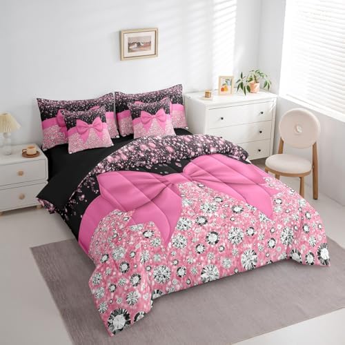 Pink Bowknot Bed in a Bag Queen Comforter Set 7 Piece,Kawaii Bow Knot Bedding Set,Silk Ribbon Comforter and Sheet Set Glitter Sequin Print Diamond Bed Set,Dreamy Princess Style Cute Pink Room Decor
