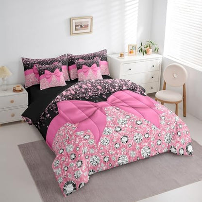 Pink Bowknot Bed in a Bag Queen Comforter Set 7 Piece,Kawaii Bow Knot Bedding Set,Silk Ribbon Comforter and Sheet Set Glitter Sequin Print Diamond Bed Set,Dreamy Princess Style Cute Pink Room Decor
