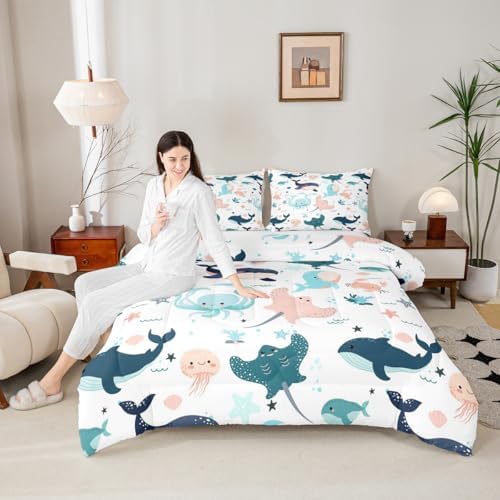 Kids Kawaii Whale Bedding Set Cute Dolphin Comforter Set For Girls Boys Children Twin Cartoon Crab Jellyfish Octopus Comforter Underwater World Quilt Duvet Ocean Animal Theme Bedroom Decor 2 Pcs