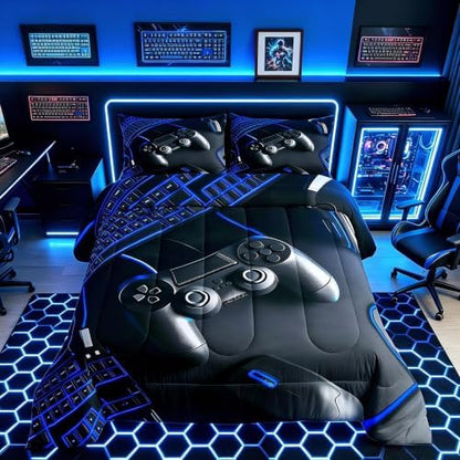 Feelyou Gamer Bedding Set Soft for Boys Girls, Gaming Comforter Set King Size Game Room Decor Duvet Quilt Microfiber Gamepad Bedroom Decor Blue 3 Pcs with 2 Pillow Cases