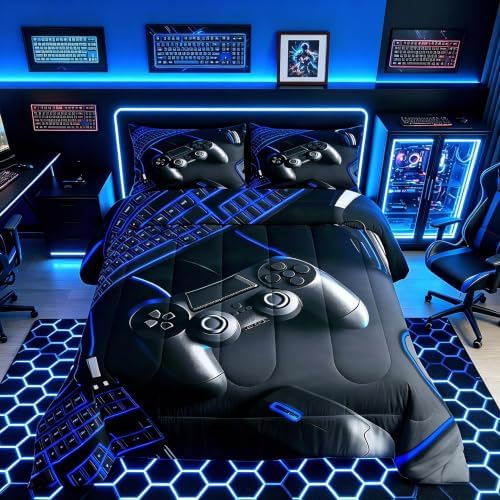 Feelyou Gamer Bedding Set Soft for Boys Girls, Gaming Comforter Set Toddler Size Game Room Decor Duvet Quilt Microfiber Gamepad Bedroom Decor Blue 2 Pcs with 1 Pillow Cases