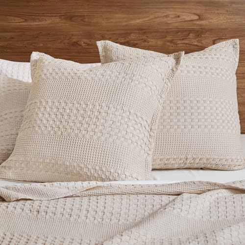 PHF Cotton Ruffle Waffle Weave Euro Sham Covers 26"x26", Oatmeal, No Insert