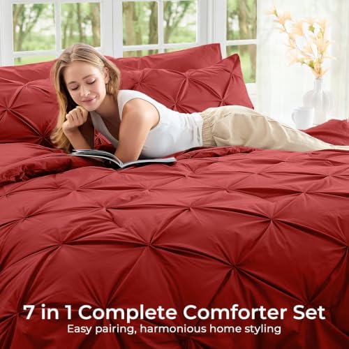 Sasttie Queen Comforter Set, 7-Piece Bed in a Bag, Pintuck Bedding Sets for All Season, Includes Comforter, Flat Sheet, Fitted Sheet, Pillowcases and Pillowshams, Red