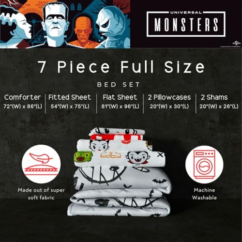 Universal Little Monsters Halloween Full Bed Set – Super Soft & Cozy 7 Piece Reversible Comforter and Sheet Set, (Officially Licensed Product) by Franco