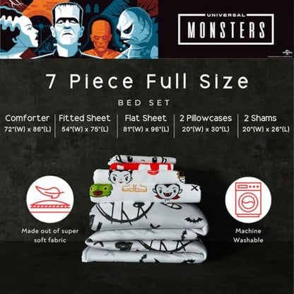 Universal Little Monsters Halloween Full Bed Set – Super Soft & Cozy 7 Piece Reversible Comforter and Sheet Set, (Officially Licensed Product) by Franco