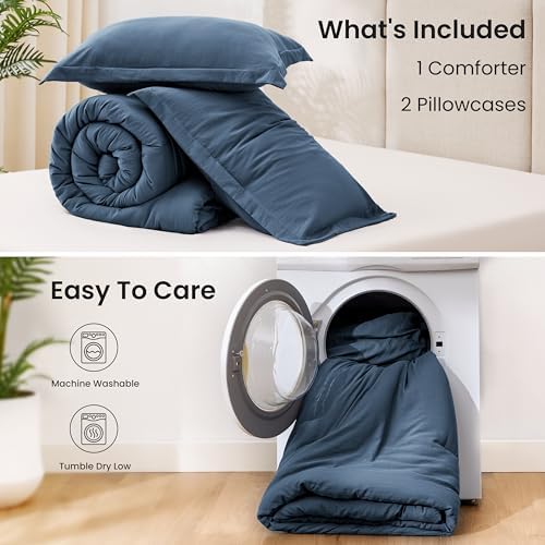 Love's cabin Navy Blue Queen Comforter Set, 3-Piece Prewashed Bed Set