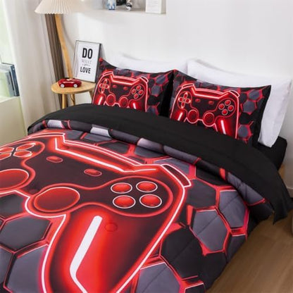 NTBED 3D Gaming Comforter Set for Boys Kids Teens,5pcs Gamer Bedding Sets with Sheet,Game Console Bed in a Bag (Red, Twin)