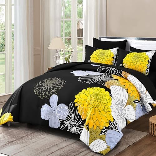 Yiran Bed in a Bag Queen Yellow Black Comforter Set 7 Pieces Soft Microfiber Floral Boho Bedding Set with 1 Comforter 1 Flat Sheet 1 Fitted Sheet 2 Pillowshams 2 Pillowcases