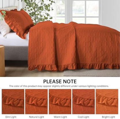 DJY King Quilt Set 3 Pieces, Lightweight Ruffled Bedspread, Orange