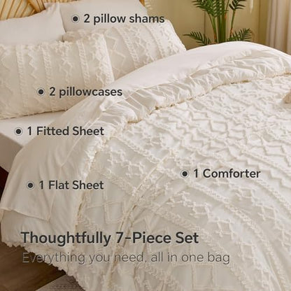 BEDELITE Queen Comforter Set 7 Pieces,Boho Bed in a Bag,Cream White