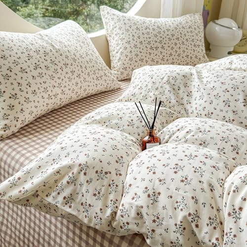 VM VOUGEMARKET Girls Duvet Cover Set Twin Soft Lightweight Muslin Cotton Floral Duvet Cover with 2 Pillowcases Vintage Botanical Bedding Comforter Cover with Zipper Ties