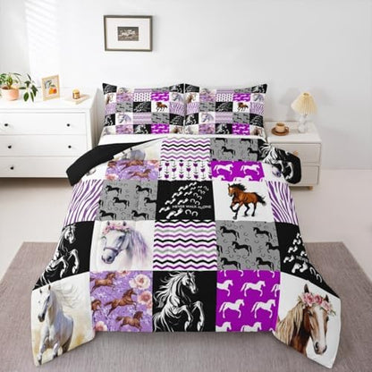 Horse Comforter Set King Western Cowgirl Farm Animal Bedding Set for Kids Girls Teens Women,Black White Zebra Stripe Grid Comforter Boho Arrow Rose Flower Quilted Duvet Sets 2 Pillow Cases Purple