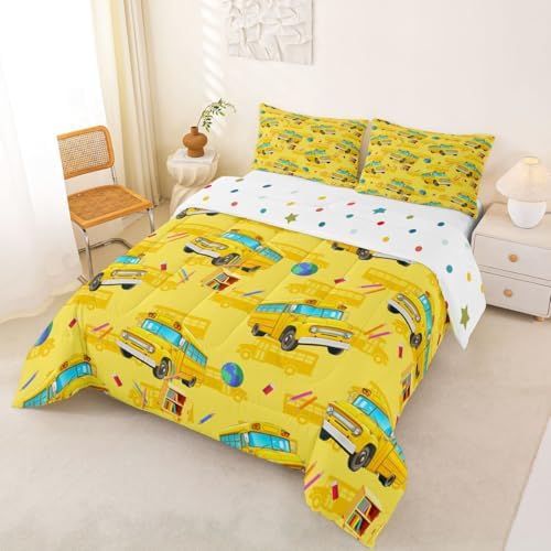 Feelyou School Bus Comforter Set Queen Size Yellow Cartoon Truck Bedding Set for Kids Boys Girls Transport Vehicles Duvet Quilt Bedroom Decor Microfiber 3 Pcs with 2 Pillow Cases