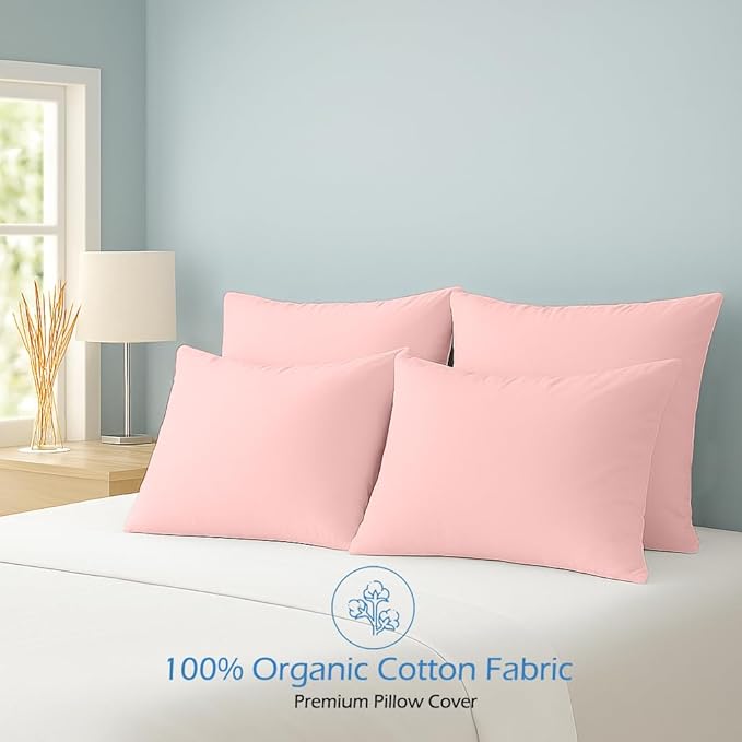 Comfort Beddings Standard Pillowcases Set of 4 – 100% Organic Cotton, 600 Thread Count Sateen, Soft & Comfy Pillow Covers with Envelope Closure, Blush, Standard Size 20 x 26 Inches