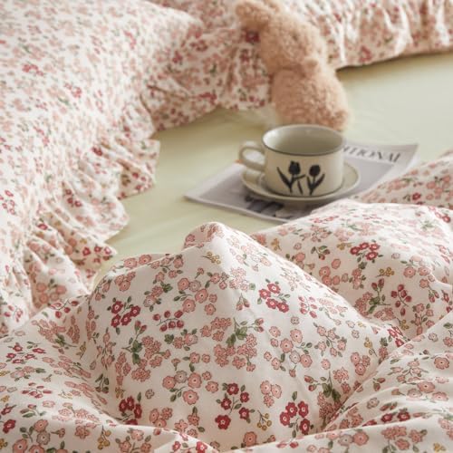 LifeTB Pink Ruffle Comforter Set Full Size Girls Floral Bedding Comforter Set Soft Comfy Cottagecore Flowers Bedding Set Vintage Botanical Floral Bed Comforter with 2 Pillowcases for All Season