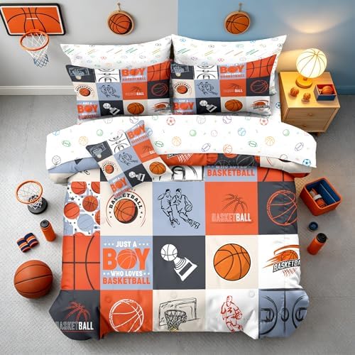 6pcs Basketball Comforter Set for Boys, Queen Size Bedding Sets for Teen,Kids Comforter Set with 1 Quilt+1 Flat Sheet+1 Fitted Sheet+2 Pillowcases+1 Cushion Cover(Basketball-E Queen)