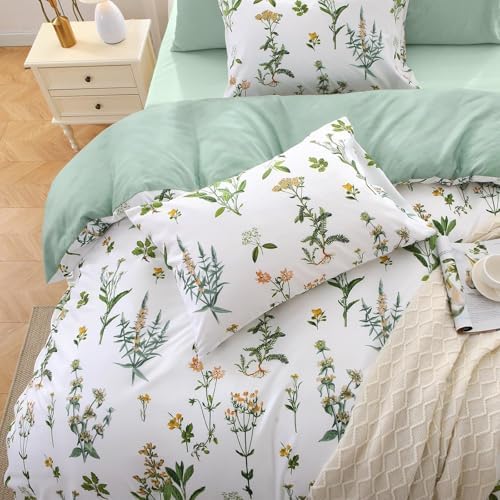 MUXHOMO Full Comforter Set, Green Elegant Floral Print Bed in a Bag 7 Pieces, Ultra Soft & Breathable Reversible Botanical Pattern Bedding Set with Comforter, Sheets, Pillowcases, and Shams