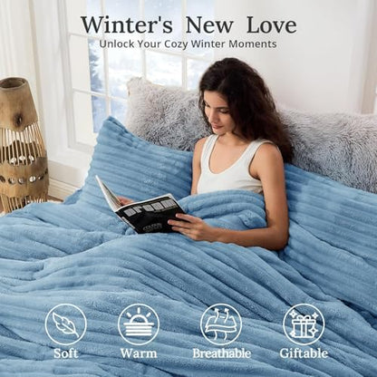 Sasttie Fluffy Full Comforter Set, 3 PC Soft Fleece Bedding, Greyish Blue