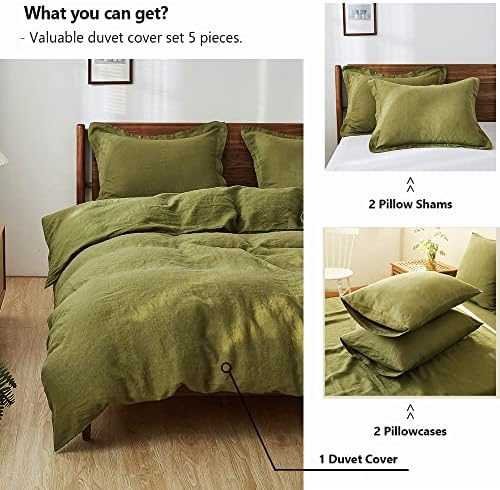 Simple&Opulence 100% Washed Linen Duvet Cover Set 5pcs(1 Duvet Cover& 2 Shams& 2 Pillowcases) Basic Style Natural French Flax Soft Breathable Farmhouse Bedding (Queen, Olive Green)