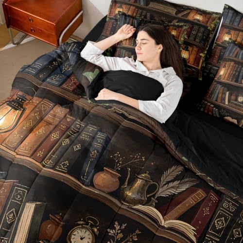 Erosebridal Library 7 Piece Bedding Set King Vintage Bookshelf Comforter Set with Sheets Books Retro Old Bookcase Wooden Bed in a Bag Magic Bookrack Education Reading Bed Sets Comforter