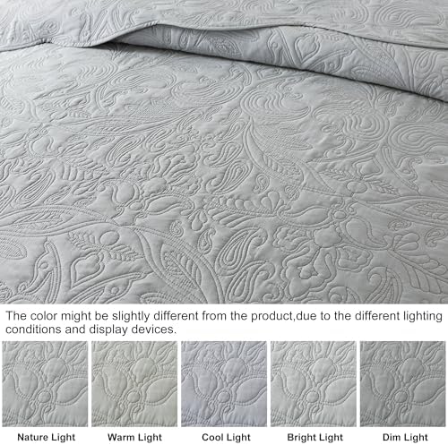 HoneiLife Quilt Set Queen Size - 3 Piece Queen Quilt Bedding Set Microfiber Quilt Sets Lightweight Bedspreads Reversible Coverlets Retro Bed Cover Floral Bedding Set All Season Quilts-Light Grey