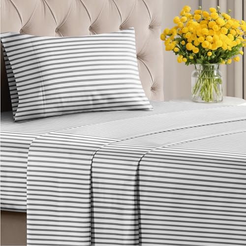 Twin XL 3 Piece Striped Sheet Set - Breathable & Cooling - Railroad Stripe