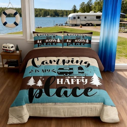 Manfei Camper Adventure Kids Comforter Set Twin Size,Happy Camping Rustic Farmhouse Cabin Bedding Set,Girls Boys Room Decor,RV Pine Tree Nature Quilt Comforter,Brown Country Duvet Insert,1 Pillowcase