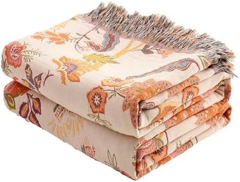 VANJOROY King Boho Throw Blanket 91" x 98", 100% Organic Cotton Breathable Skin-Friendly Ultra Soft Bed Quilt Throw - Floral Rustic Decor Luxury Reversible Blanket for Sofa Couch Chair and Gift
