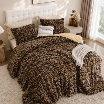 YIKUSH Leopard Print Faux Fur Comforter Set, Fluffy Cheetah Comforter King