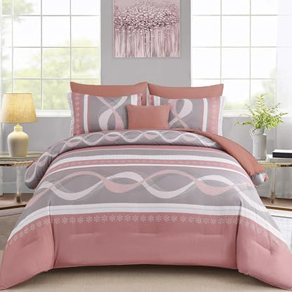 Anibedding Pink Comforter Set King Size,8 Pieces Striped Bed in a Bag