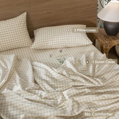 MooMee Gingham Duvet Cover Set 100% Washed Cotton Linen Like