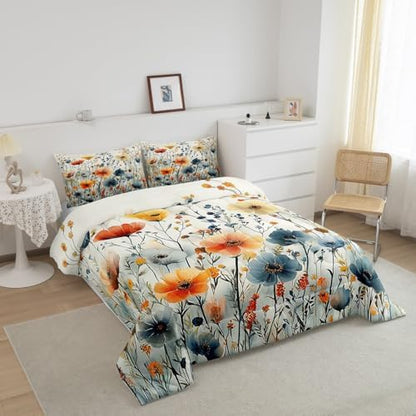 jejeloiu Boho Floral Comforter Set Full Size Kids Coloful Flower Bedding Set for Boys Girls Teens Botanical Duvet Breathable Blossom Plant Aesthetic Quilt Bedroom Decor,1 Comforter with 2 Pillowcase