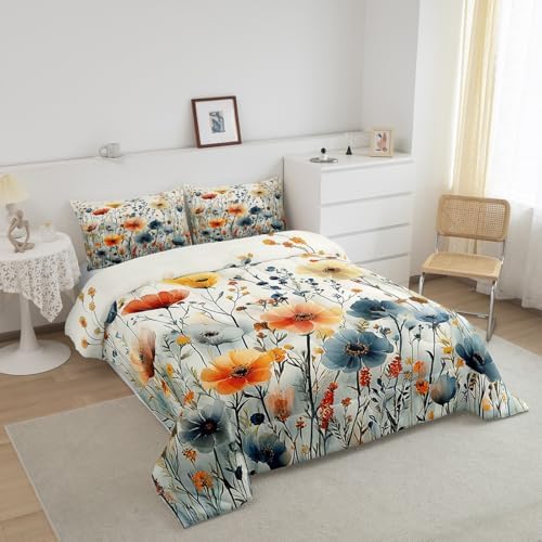 jejeloiu Boho Floral Comforter Set King Size Kids Coloful Flower Bedding Set for Boys Girls Teens Botanical Duvet Breathable Blossom Plant Aesthetic Quilt Bedroom Decor,1 Comforter with 2 Pillowcase