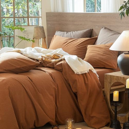 MooMee Wavy Striped Duvet Cover Set 100% Washed Cotton Linen Like Textured Breathable Durable Soft Comfy (Dark Orange, Twin 68"x90")