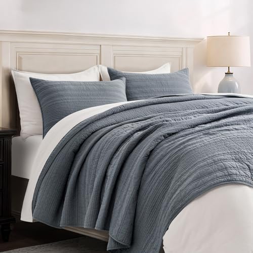 EVERGRACEHOME 100% Cotton Modern Lines Quilt Set Queen Size, Smoky Blue